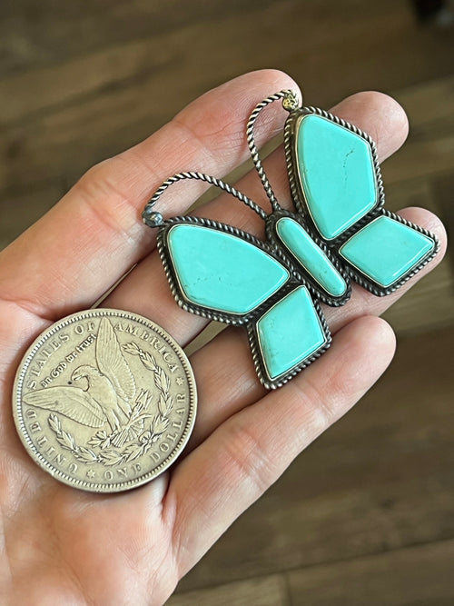 Old Pawn Navajo Sterling Silver and Turquoise Butterfly Ring by Anthony Skeets, Size 9