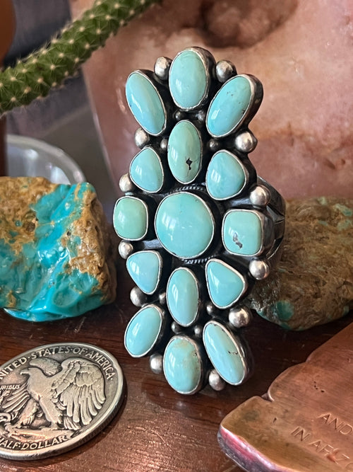 Old Pawn Navajo Sterling Silver and Dry Creek Turquoise Cluster Ring by Verdy Jake, Adjustable
