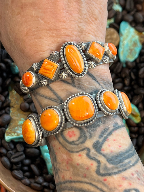 Apache Sterling Silver and Orange Spiny Oyster Shell Cuff Bracelet by Rosella Paxson