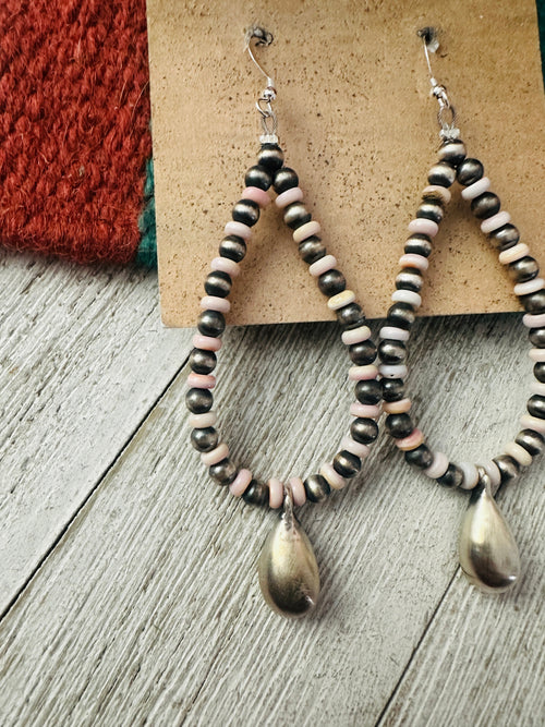 Handcrafted Queen Pink Conch & Sterling Silver Pearl Beaded Hoop Earrings