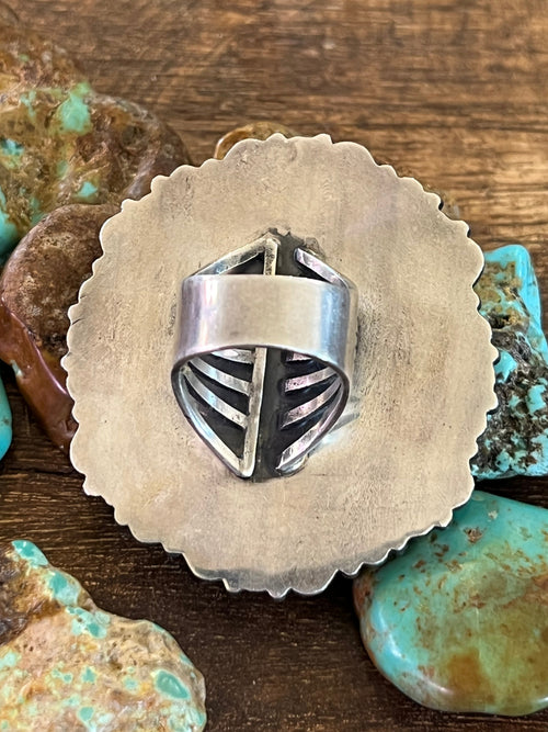 Old Pawn Verdy Jake Sterling Silver and Green Turquoise Cluster Ring, Adjustable