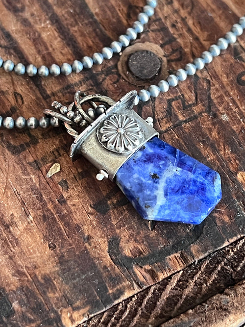 Sterling Silver Gem Collector 30” + 2” Beaded Necklace w/ Sodalite & Daisy Pendant