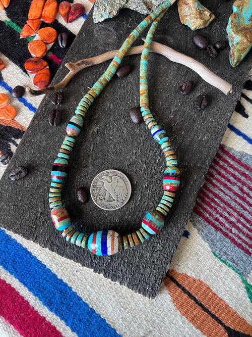 Ronald Chavez Handcrafted Turquoise Heishi Beaded Santo Domingo Necklace with Layered Bead Accents