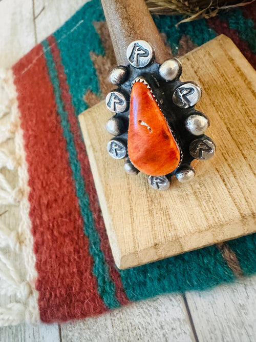 Old Pawn Navajo Sterling Silver & Orange Spiny Ring Size 8.5
