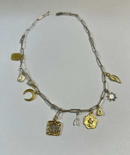 Signs and Symbols Mixed Metals Sterling Silver Charm Necklace
