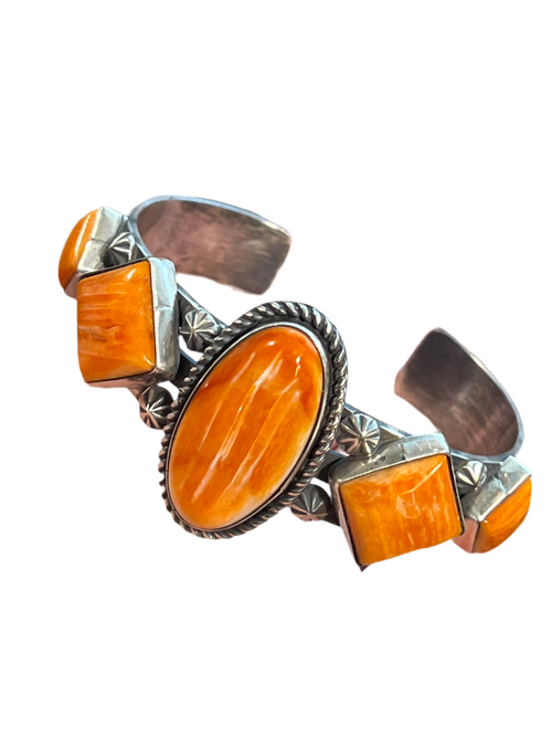 Handcrafted Sterling Silver and Orange Spiny Oyster Shell Geometric Row Cuff by Rosella Paxson