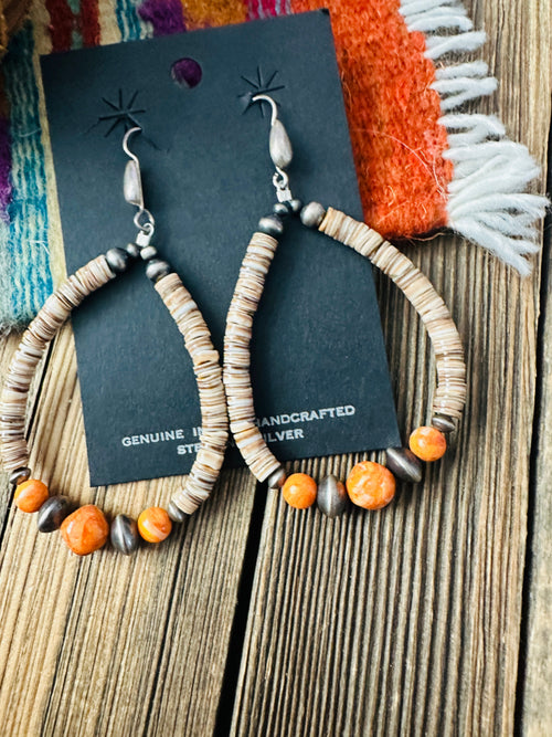 Handcrafted Heishi, Spiny Oyster & Sterling Silver Beaded Dangle Hoop Earrings