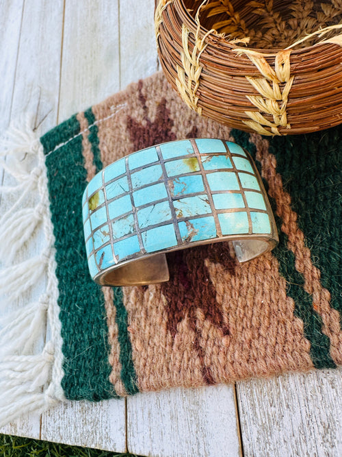 Handcrafted Old Pawn Sterling Silver & Turquoise Inlay Cuff Bracelet