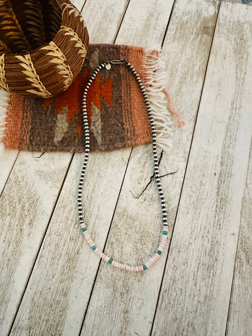 Navajo Sterling Silver Pearl, Queen Pink Conch & Turquoise Beaded Necklaces
