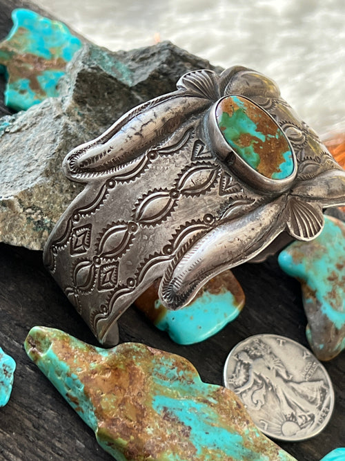 Handcrafted & Hand Forged Old Pawn Sterling Silver Ingot Turquoise Cuff Bracelet by Santa Fe Artist, Buffalo: The Royston