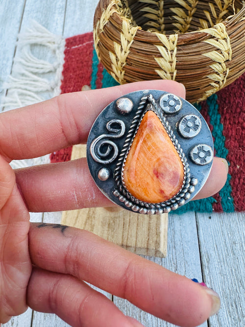 Old Pawn Navajo Sterling Silver & Orange Spiny Ring Size 8
