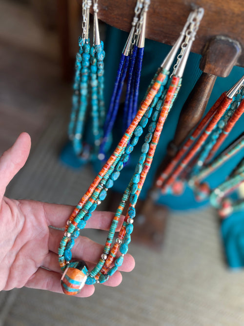 Daniel Coriz Triple Strand Spiny Oyster and Turquoise Beaded Necklace w/ Removable Sterling Silver & Stone Inlay Bead