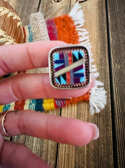Old Pawn Handcrafted Multi Stone & Sterling Silver Inlay Ring Size 9.5