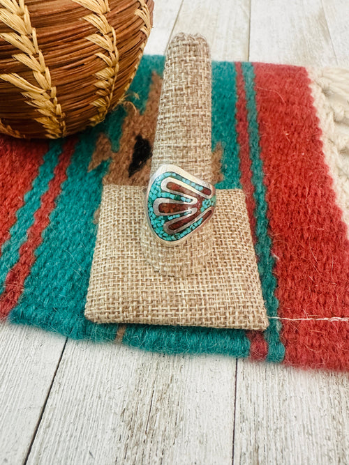Old Pawn Navajo Sterling Silver, Turquoise & Coral Chip Inlay Ring Size 10