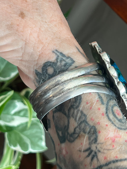 Handcrafted Sterling Silver, Hubei Turquoise and Chrysocolla Azurite Cuff Bracelet by Rosella Paxson /