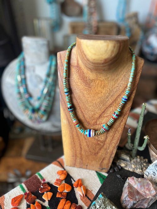Ronald Chavez Handcrafted Turquoise Heishi Beaded Santo Domingo Necklace with Layered Bead Accents