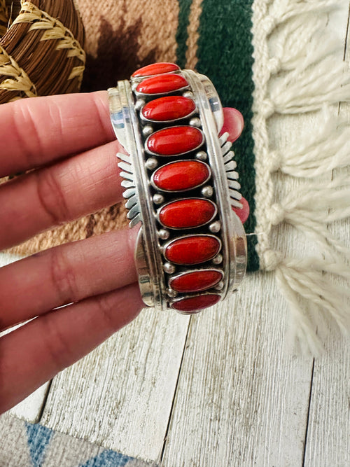 Old Pawn Navajo Coral & Sterling Silver Cuff Bracelet by Daniel Mike