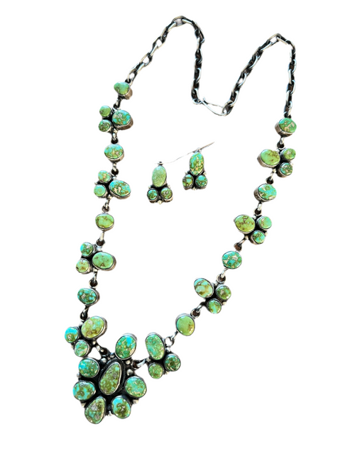 Navajo Sterling Silver and Sonoran Gold Turquoise Electric Rainbow Cluster Necklace with Earrings by Bea Tom