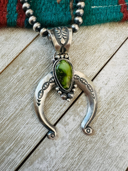 Navajo Sterling Silver & Sonoran Gold Turquoise Beaded Naja Necklace