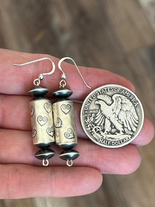Sterling Silver Handcrafted Heart Stamped Barrel Bead Drop Dangle Earrings by Preston Haley