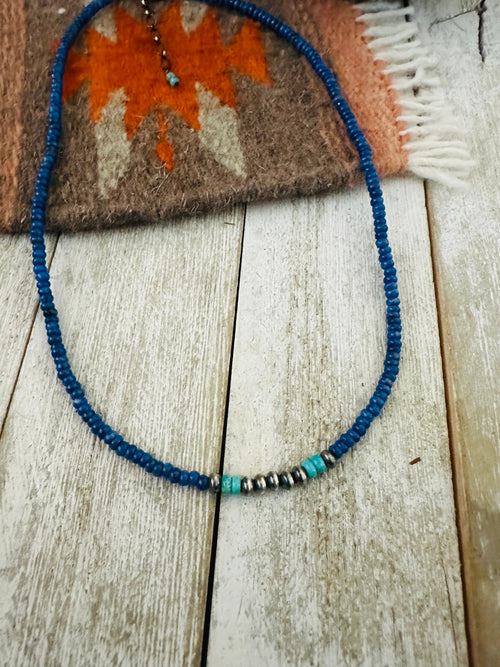 Navajo Lapis, Turquoise & Sterling Silver 16” Beaded Necklace