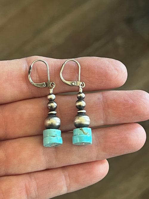 Navajo Made Sterling Silver Summer Lovin’ Kingman Turquoise Heishi Beaded Drop Earrings, Leverback