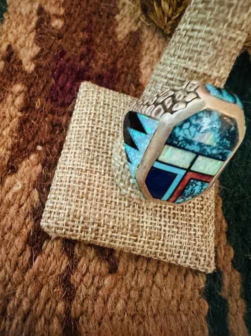 Handcrafted Old Pawn Multi Stone and Sterling Silver Inlay Ring Size 11