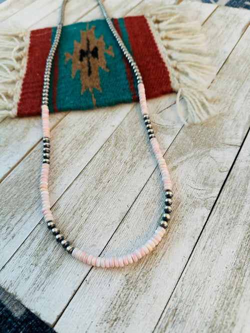 Navajo Sterling Silver Pearl & Queen Pink Conch 36” Beaded Necklace