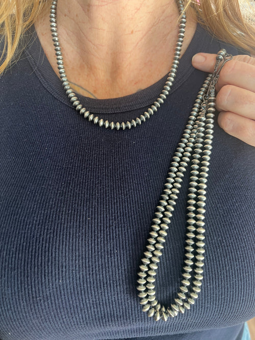 Vinita Cowboy 6.5mm Handmade Sterling Silver Navajo Saucer Pearl Necklaces, 20 inches