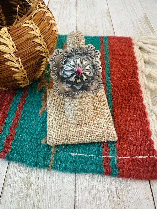 Old Pawn Navajo Sterling Silver & Purple Spiny Concho Ring Size 7