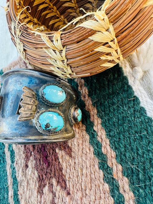 Handcrafted Old Pawn Sterling Silver & Turquoise Watch Cuff Bracelet
