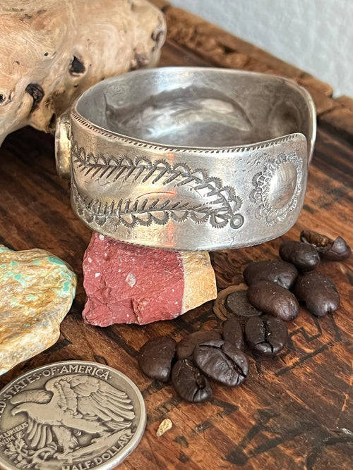 Hand Forged Old Pawn Sterling Silver & Turquoise Ingot Cuff Bracelet by Santa Fe Artist, Buffalo, The Zephyr