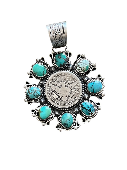 Rosella Paxson Hubei Turquoise and Barber Half Dollar Cluster Pendant