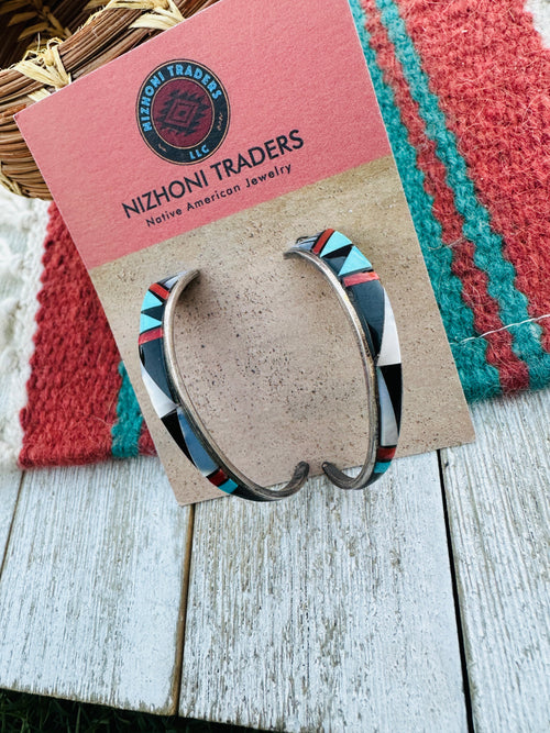 Handcrafted Old Pawn Sterling Silver & Multi Stone Inlay Hoop Earrings