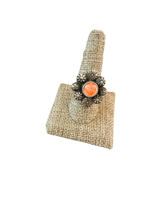 Old Pawn Navajo Sterling Silver & Orange Spiny Flower Ring Size 9