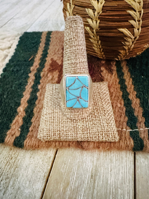 Old Pawn Handcrafted Turquoise & Sterling Silver Inlay Ring Size 11.75