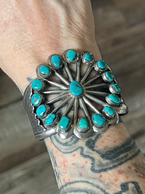 Vintage Cast Sterling Silver and Turquoise Flower Motif Cuff Bracelet