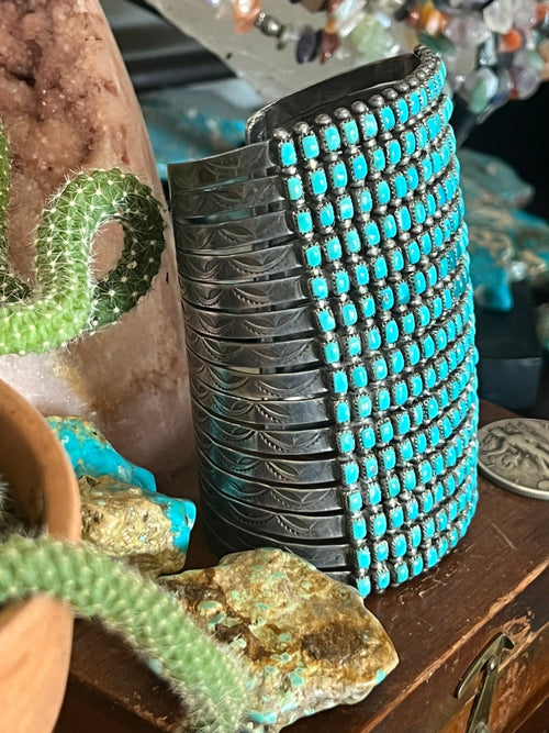 Handcrafted Stunning Old Pawn 15 Row Sterling Silver & Turquoise Gauntlet Style Cuff Bracelet by Clark Couyancy /