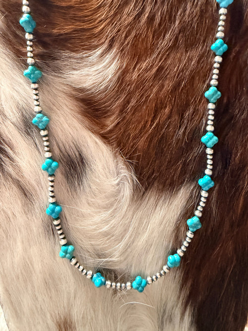 Handcrafted Turquoise & Sterling Silver Pearl 20" Beaded Necklace