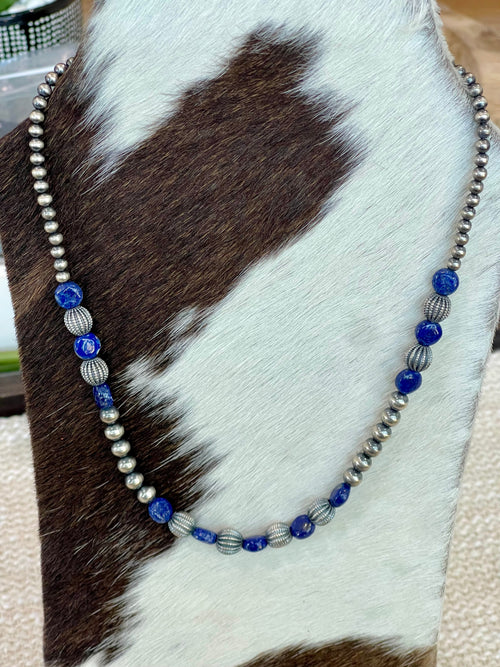 ** 4TH OF JULY ** Handmade Sterling Silver & Lapis Beaded Necklace with Signed Nizhoni