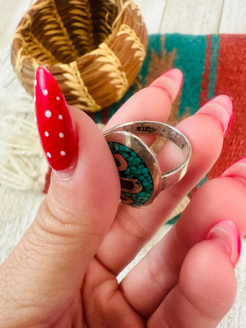 Old Pawn Navajo Sterling Silver, Turquoise & Coral Chip Inlay Ring Size 10