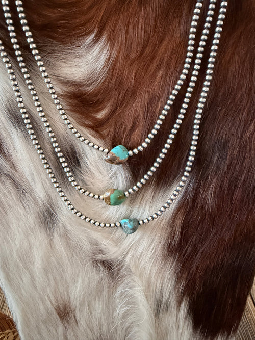 Handcrafted Turquoise & 3mm Sterling Silver Pearl Beaded Necklace