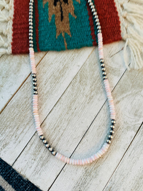 Navajo Sterling Silver Pearl & Queen Pink Conch 36” Beaded Necklace