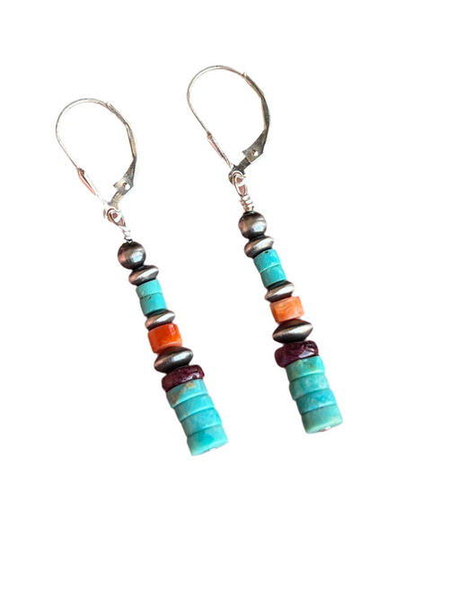 Navajo Made Sterling Silver Summer Lovin’ Turquoise and Spiny Oyster Beaded Drop Earrings, Leverbacks
