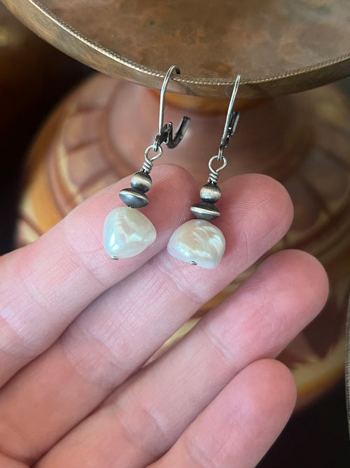 Navajo Made Summer Lovin’ Sterling Silver and Freshwater Pearl Bead Drop Earrings, Leverback