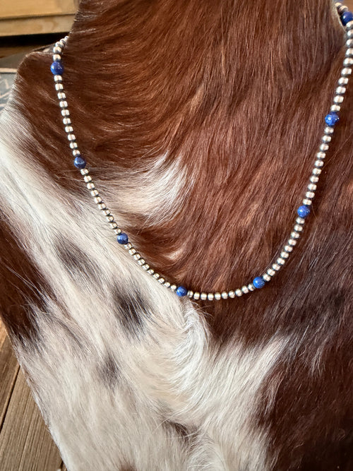 Handcrafted Lapis and Sterling Silver Pearl Beaded Necklace