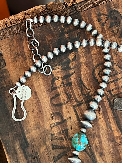 Handcrafted Sterling Silver, Kingman Turquoise and Spiny Oyster Shell Handcrafted Electric Rainbow Beaded Necklace by Rose Martin, 26 + 1-1/2 inch
