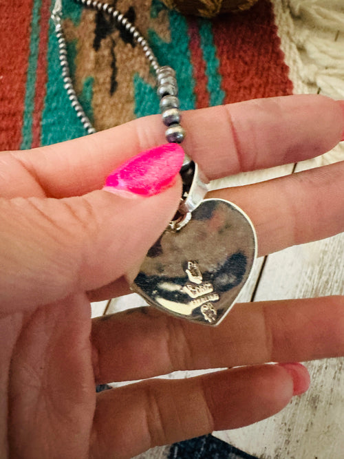 Handcrafted Turquoise & Sterling Silver Pearl Beaded Heart Necklace