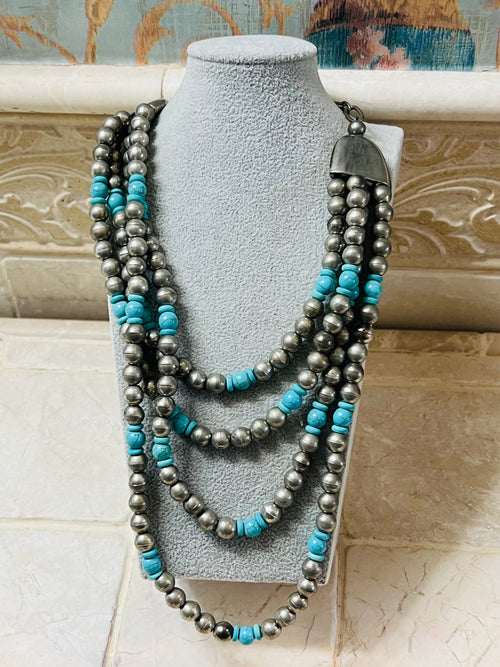 Vintage 4 Strand Blue Beaded Necklace
