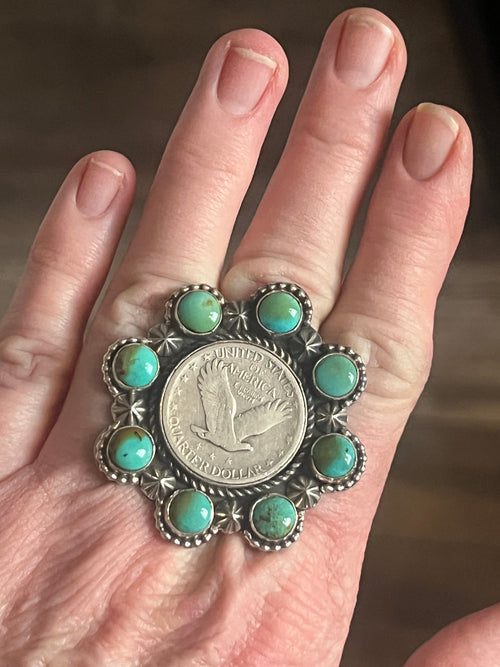 Handcrafted Sterling Silver, Barber Quarter and Hubei Turquoise Cluster Ring by Rosella Paxson, Size 8